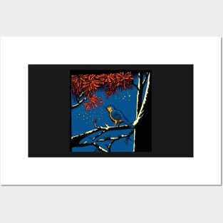 Blue Bird in a Red Blossom Tree Posters and Art